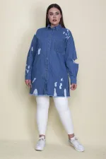 Kadın Mavi Yırtık Detaylı Salaş Kesim Oversize Kot Tunik Ceket 65N28046