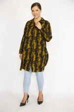 Kadın Büyük Beden Hardal Ön Düğmeli Uzun Kollu Gömlek