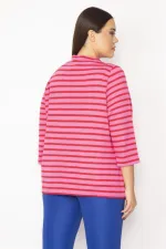 Kadın Fuşya Dik Yakalı Kapri Kollu Çizgili Bluz 65N29480
