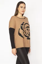 Kadın Camel Önü Flok Desen Ve Taş Detaylı İki Renkli Tunik 65N29336