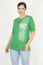 Kadın Yeşil Büyük Beden Ön Baskılı Viskon Bluz