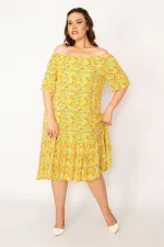 Kadın Fujya Yaka Lastikli Etek Ucu Büzgülü Dokuma Viskon Kumaş Elbise 65N33250