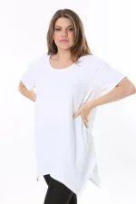 Kadın Büyük Beden Beyaz Bürümcük Kumaş Etek Ucu Kup Detaylı Kısa Kollu Bluz 65N37857