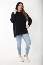Women's Plus Size Navy Blue Relaxed Cut Side Slit Hooded Sweatshirt 65N37200