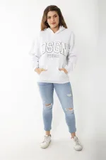 Kadın Büyük Beden Gri İçi Şardonlu Nakış Ve Kanguru Cep Detaylı Kapşonlu Sweatshirt 65N37206