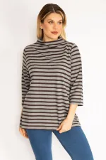 Kadın Gri Sıfır Yaka Çizgili Bluz 65N35169