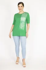 Kadın Yeşil Büyük Beden Ön Baskılı Viskon Bluz