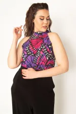 Kadın Siyah Halter Yaka Bluz Kısmı Desenli Cepli Tulum 65N32748