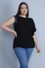 Kadın Siyah Tek Kol Ağzı Suni Deri Detaylı Düşük Kollu Bluz 65N25593