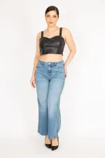 Kadın Mavi Büyük Beden Yan Şeritli 5 Cep Kot Pantolon