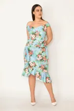 WOMEN'S COLORFUL DRESS WITH FLOUNCED WAIST AND DRAPED HEM