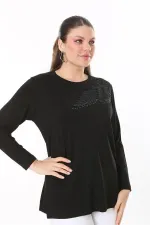 Kadın Büyük Beden Siyah Aplike Dantel Ve Taş Detaylı Uzun Kollu Bluz 65N37688