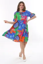 Kadın Büyük Beden Mavi Dokuma Viskon Kumaş Kısa Kollu Katlı Elbise 65N37762