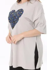 Kadın Büyük Beden Vizon Lak Baskılı Yan Yırtmaçlı Bluz 65N37801