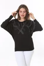 Kadın Büyük Beden Siyah Taş Detaylı Yarasa Kol Bluz 65N37804