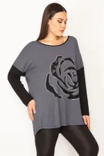 Kadın Gri Önü Flok Desen Ve Taş Detaylı İki Renkli Tunik 65N31412