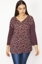 Kadın Mürdüm Ön Desenli Fermuar Patlı Kapri Kol Bluz 65N34386