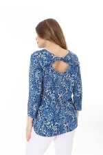 Kadın Büyük Beden Mavi Sırt Detaylı Bisiklet Yakalı Kapri Kollu Bluz 65N37586