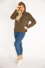 Kadın Haki Kapşonlu Kanguru Cep Polar Sweatshirt 26A35074