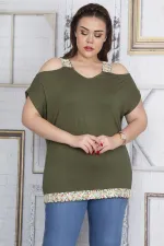 Kadın Haki Omuz Dekolteli Askı Ve Etek Ucu Payet Dantel Detaylı Bluz 65N22701