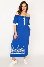 Kadın Kırmızı Karmen Yaka Nakış Ve Püskül Detaylı Uzun Elbise 65N33437