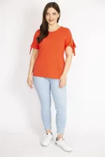 Kadın Nar Büyük Beden Pamuklu Kumaş Kol Bağcıklı Bluz