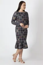 WOMEN'S NAVY BLUE PLAID PATTERNED COLLAR DETAILED DRESS WITH FLOUNCED HEM