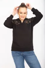 Kadın Saks Robası Dantel Ve Kapşon Detaylı Kanguru Cepli Sweat Shirt 65N35463
