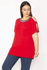 Kadın Kırmızı Tek Omuzu Ve Yakası Sim Detaylı Bluz 65N29510