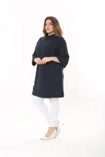 Kadın Büyük Beden Lacivert Dik Yakalı Kendinden Desenli Kapri Kollu Tunik Elbise 65N37518