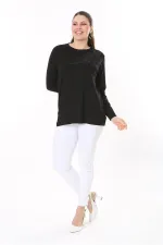 Kadın Büyük Beden Siyah Aplike Dantel Ve Taş Detaylı Uzun Kollu Bluz 65N37688