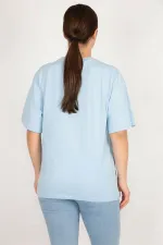 Kadın Mavi Büyük Beden Pamuklu Kumaş Ön Baskılı Bluz