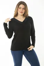 Kadın Büyük Beden Saks V Yakalı Taş Detaylı Uzun Kollu Bluz 65N37153