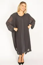 Kadın Füme Şifon Pelerinli Dantel Detaylı Abiye Elbise 65N34506