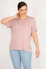 Kadın Pudra Büyük Beden Bisiklet Yaka Peto Cepli Bluz