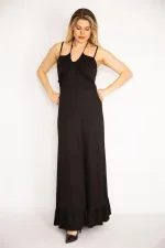 Kadın Siyah Askı Ve Yakası Fırfır Detaylı Etek Ucu Katlı Uzun Elbise 65N35236