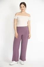 Kadın Lila Büyük Beden Likralı Buzy Kumaş Bel Lastikli Pantolon