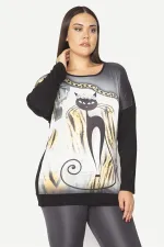Kadın Siyah Kedi Figürlü Baskı Ve Taş Detaylı İki Renkli Tunik 65N29344