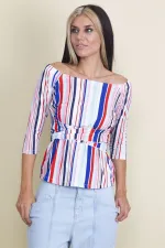 KARMEN YAKA KAPRİ KOL BEL BAĞLAMALI RENKLİ BLUZ