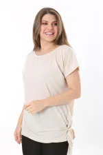 Kadın Büyük Beden Bej Yan Bağlamalı Bisiklet Yakalı Kısa Kollu Bluz 65N37849
