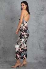 Kadın Renkli Askılı Yanları Lastik Detaylı Sırt Dekolteli Elbise