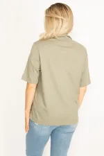 Kadın Haki Polo Yaka Pat Düğmeli Sim Ve Taş Detaylı Bluz 65N34521