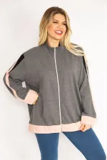 Kadın Gri Ön Fermuarlı Kanguru Cepli Sweatshirt Mont 65N35046