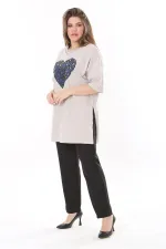 Kadın Büyük Beden Vizon Lak Baskılı Yan Yırtmaçlı Bluz 65N37801