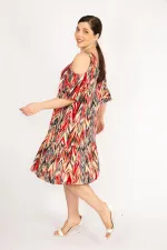 Kadın Fujya Büyük Beden Omuz Dekolteli Dokuma Viskon Kumaş Yan Cepli Elbise