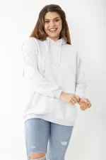 Women's Plus Size Gray Three-Thread Hooded Sweatshirt with Back Print 65N37204