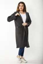 Kadın Büyük Beden Füme Ön Fermuarlı Kapşonlu Astarsız Suni Deri Garnili Kaban 65N37179