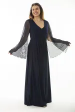 Kadın Büyük Beden Lacivert Bel Detaylı Kolları Tül Abiye Elbise 65N37065