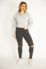 Kadın Gri İçi Şardonlu 2 İplik Kumaş Kapşonlu Sweatshirt 65N35076
