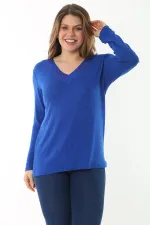 Kadın Büyük Beden Saks V Yakalı Taş Detaylı Uzun Kollu Bluz 65N37153